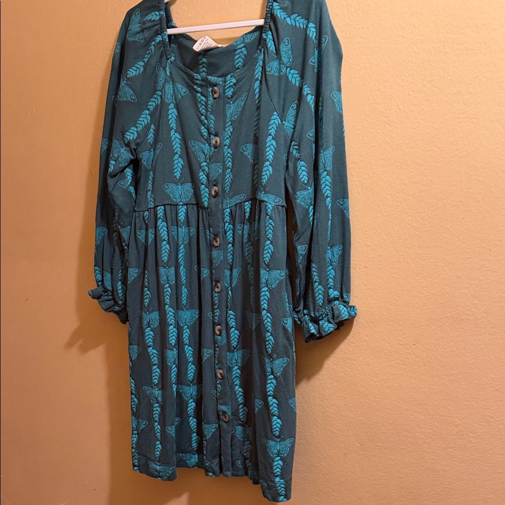 Kate quinn Teal Button-Front Dress with Blue Botanical Print